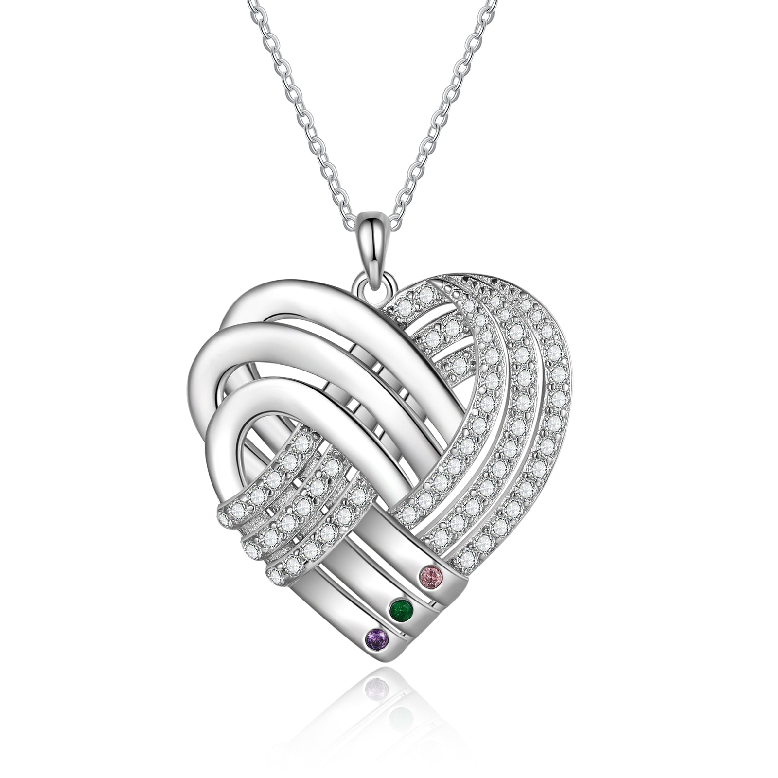 Custom White Gold Plated Heart Necklace with Birthstones and Engraving