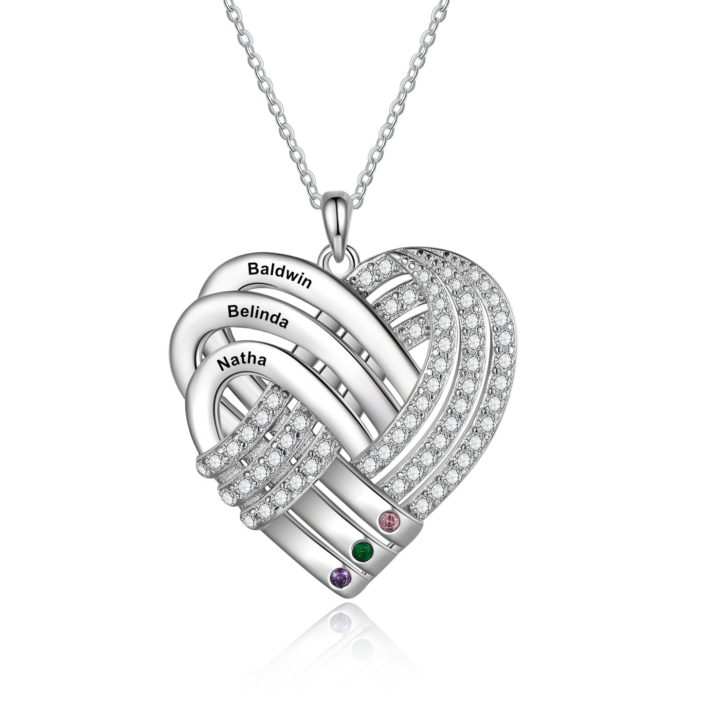Custom White Gold Plated Heart Necklace with Birthstones and Engraving