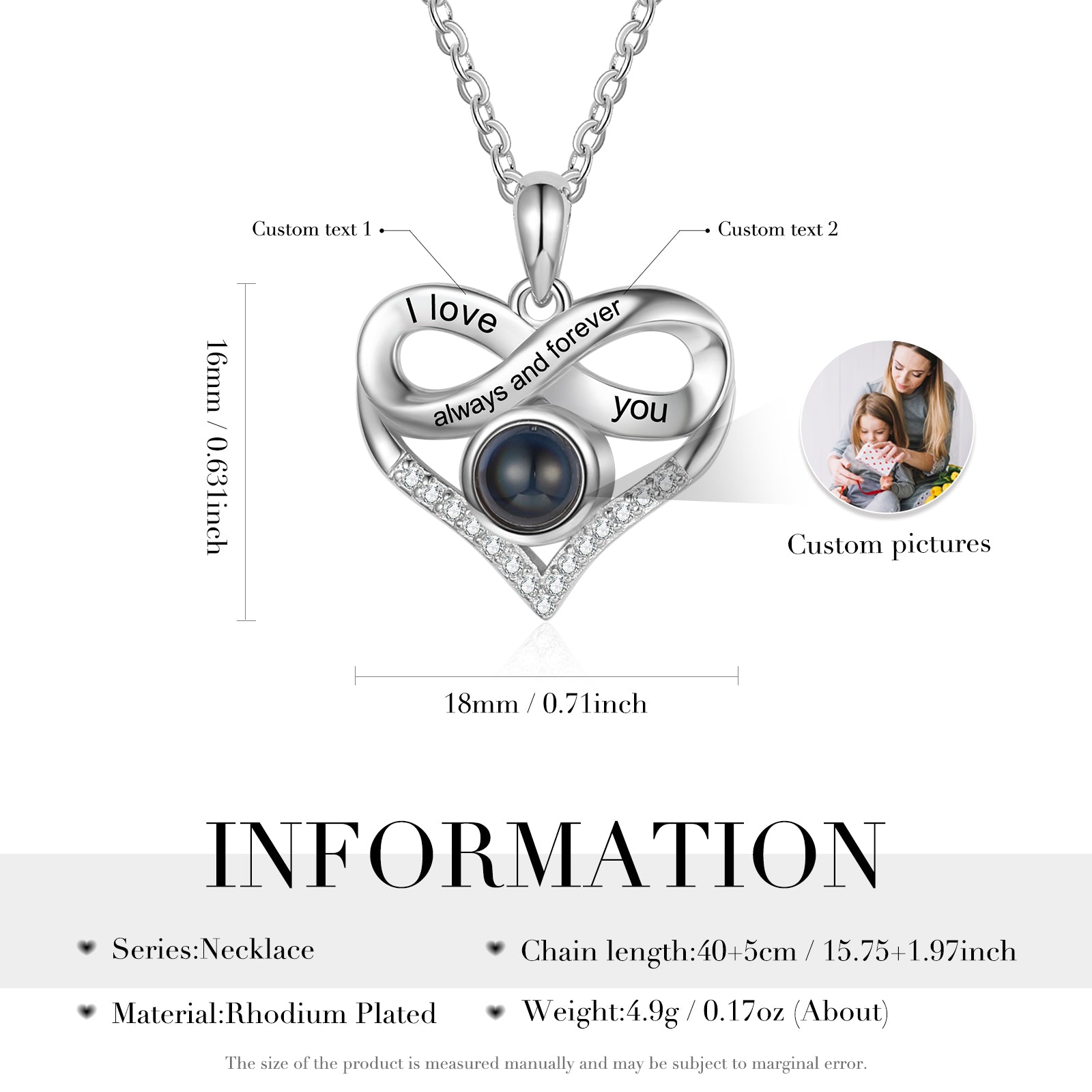 Custom Photo Projection Heart Infinity Necklace