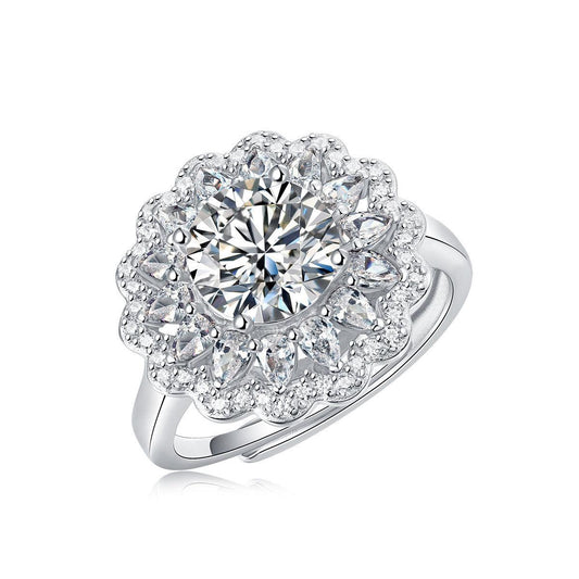 Shop our Beautiful 2 Carat Moissanite CZ Flower Sterling Silver Adjustable Ring