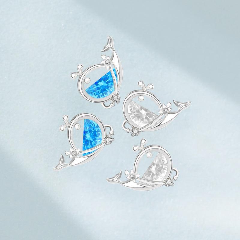 Cute CZ Whale Fish 925 Sterling Silver Stud Earrings with AAA Cubic Zirconia Accents