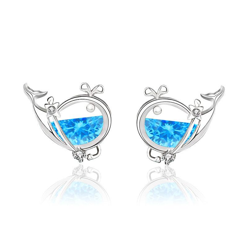 Cute CZ Whale Fish 925 Sterling Silver Stud Earrings with AAA Cubic Zirconia Accents