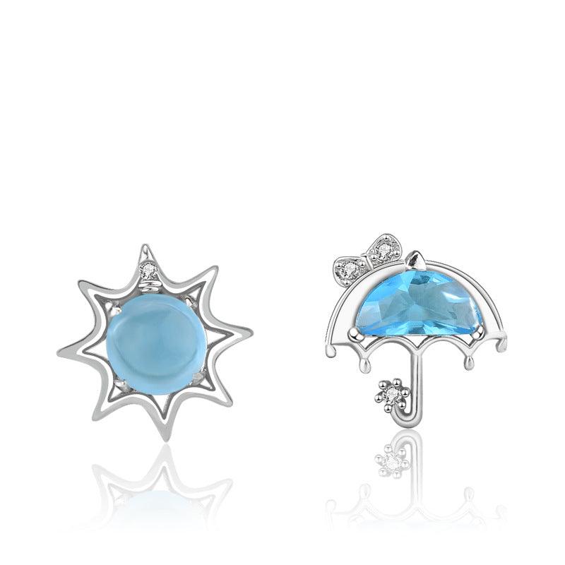 Stylish Blue CZ Asymmetrical Sun Umbrella Stud Earrings in 925 Sterling Silver