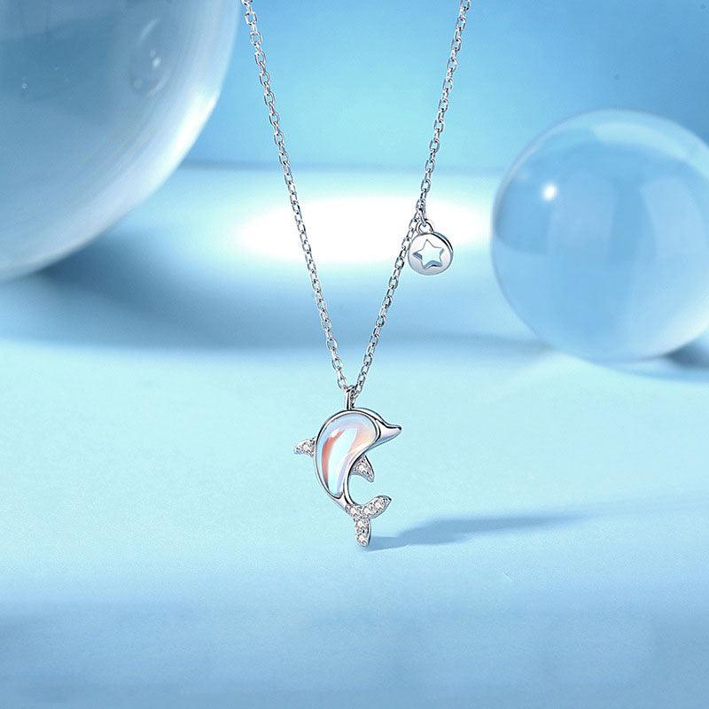 New Natural Moonstone Dolphin Animal CZ 925 Sterling Silver Necklace | jewelry