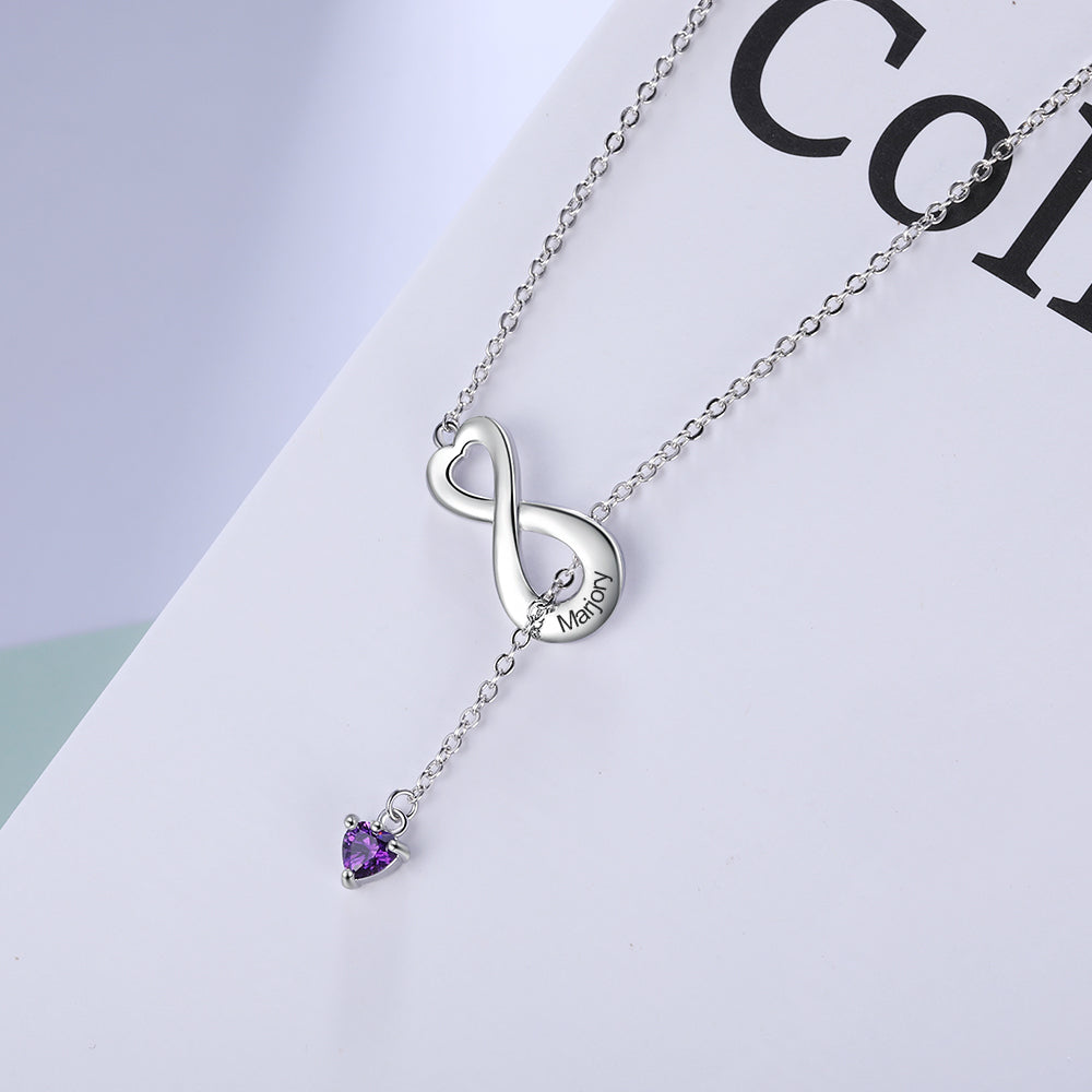 Personalized White Gold Plated Infinity Necklace with Birthstone