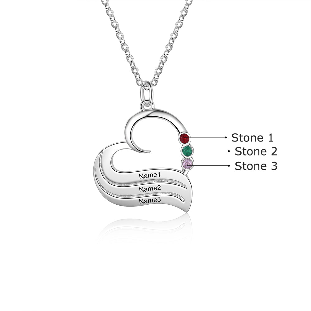 Personalized White Gold Plated Heart Necklace with Custom Engraving and Birthstones