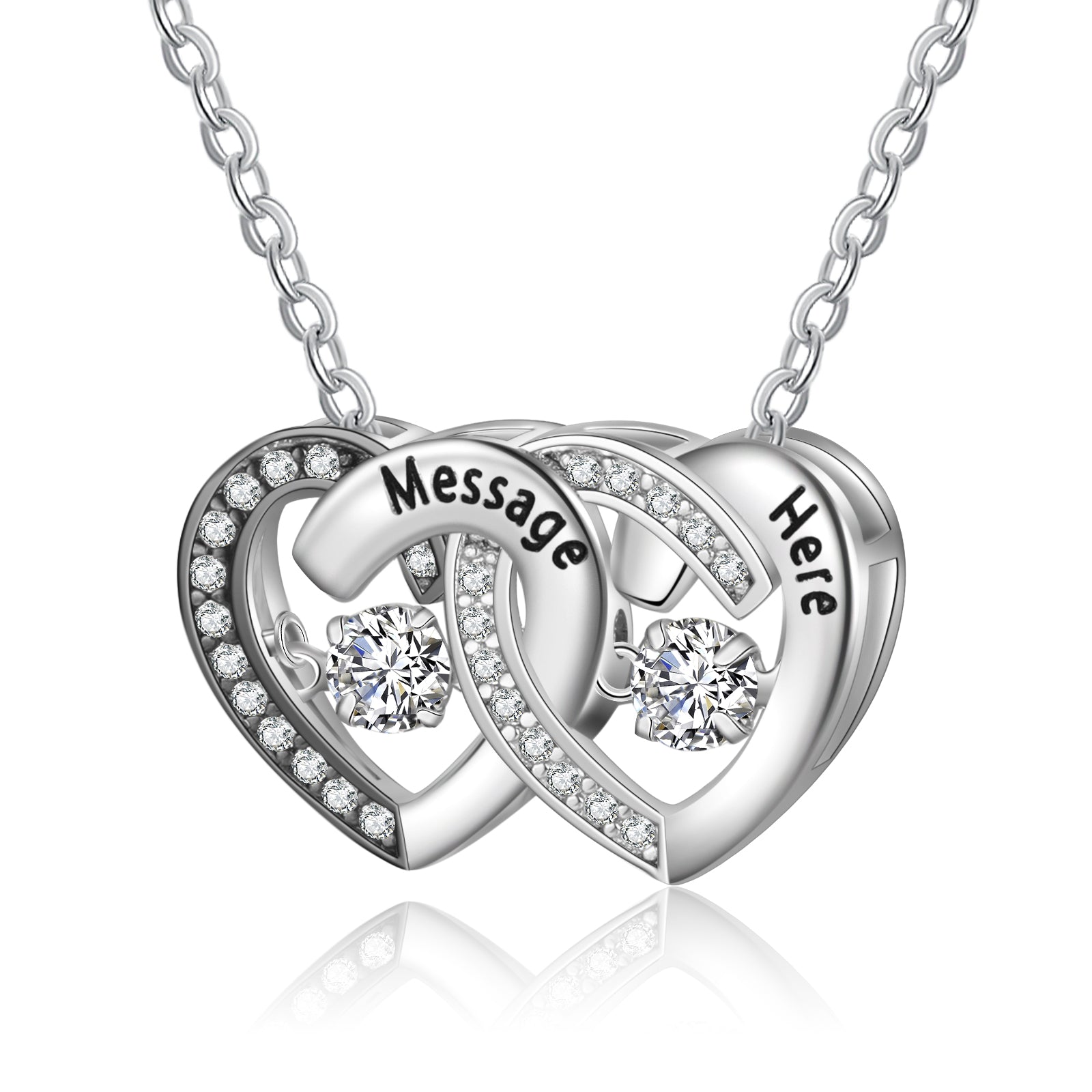 Custom Double Heart Necklace: White Gold Plated Copper 