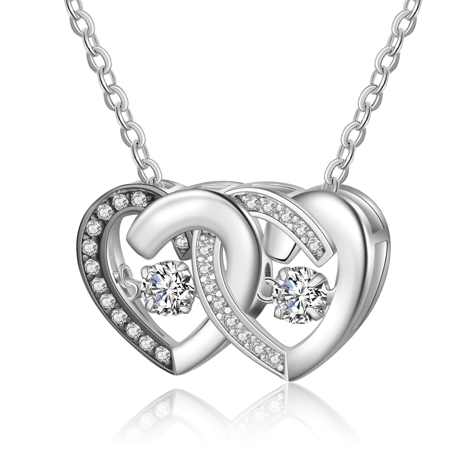 Custom Double Heart Necklace: White Gold Plated Copper 