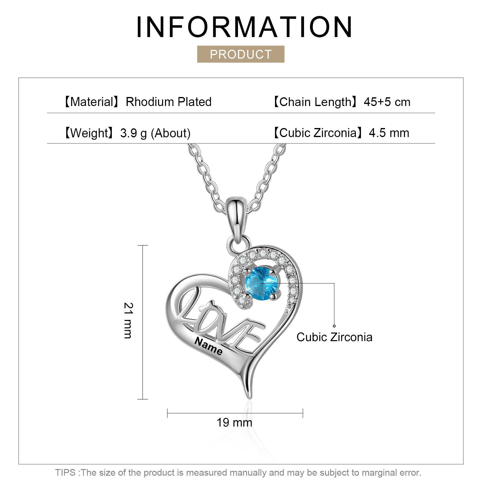 Personalized White Gold Plated Heart Necklace with Custom Name