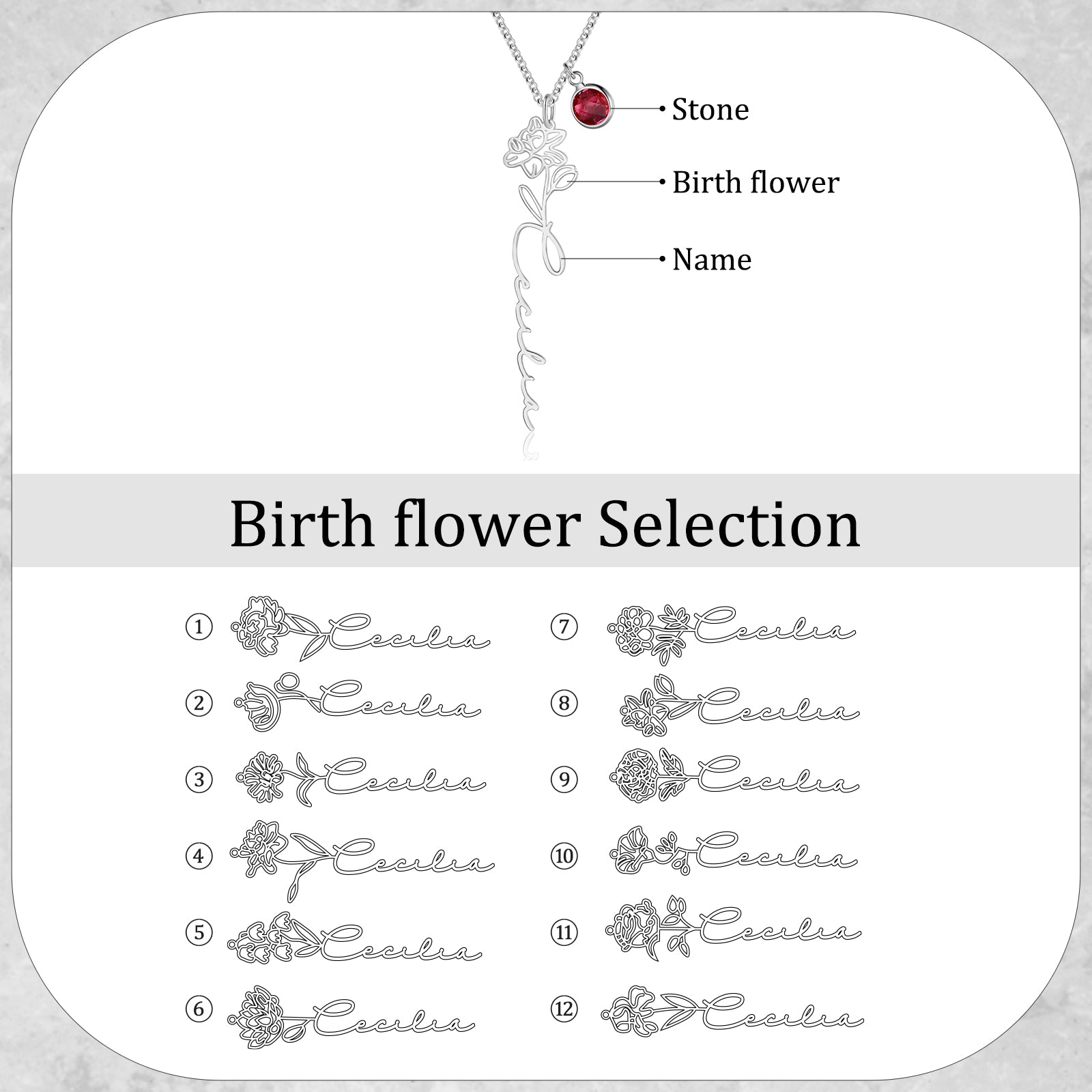 Personalized Birth Flower Necklace with Birthstone