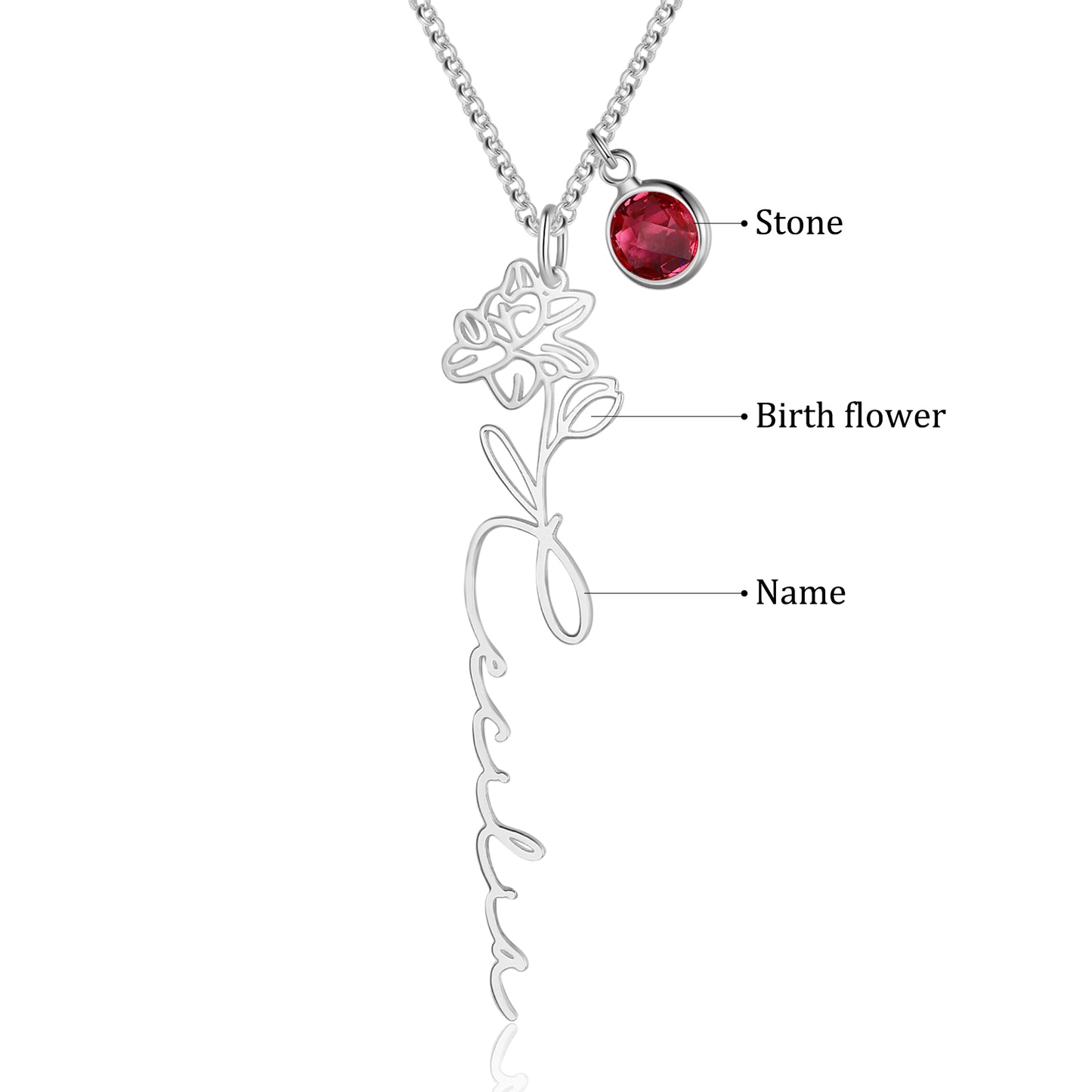 Personalized Birth Flower Necklace with Birthstone