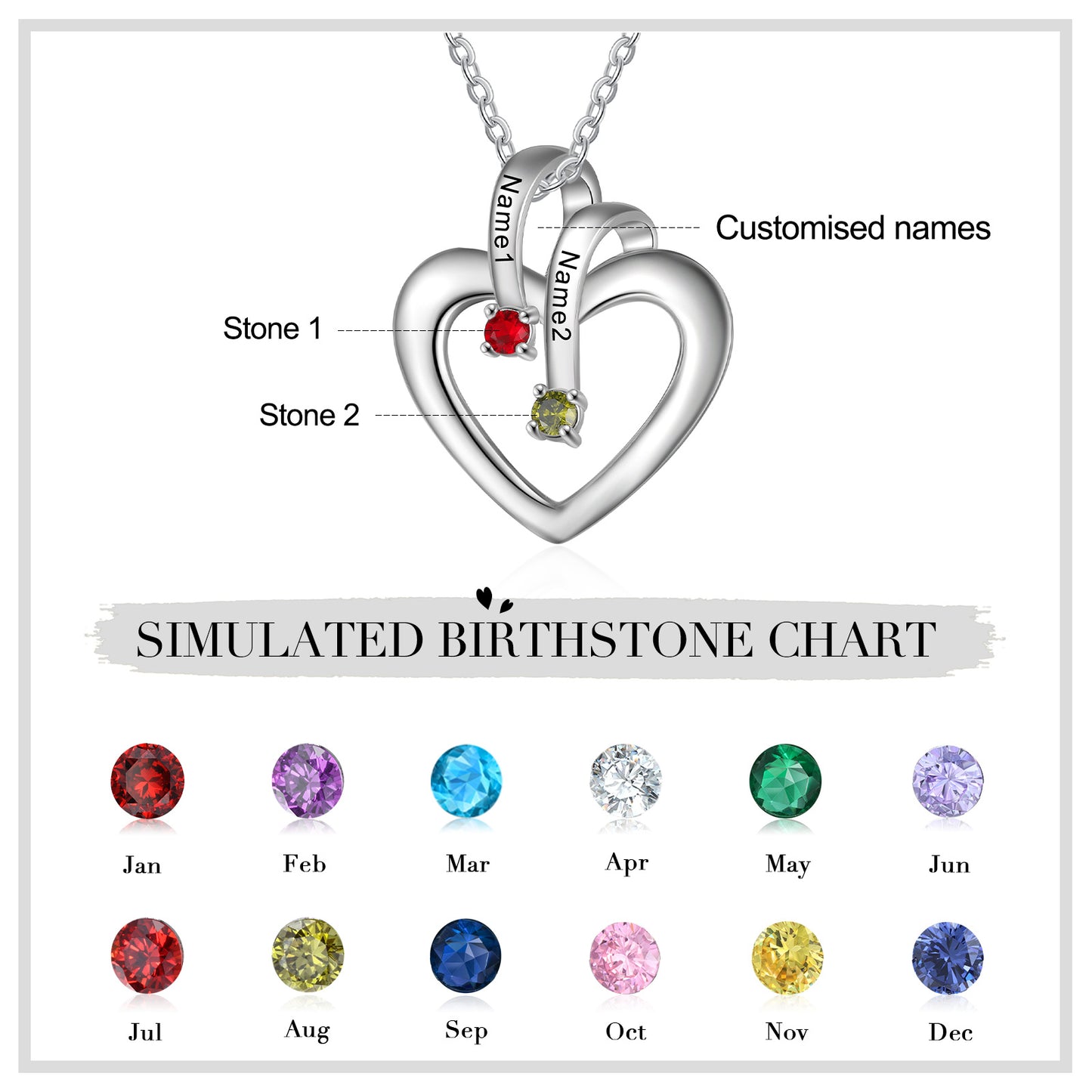 Custom Heart Necklace - Personalized Sterling Silver Birthstone Name Pendant