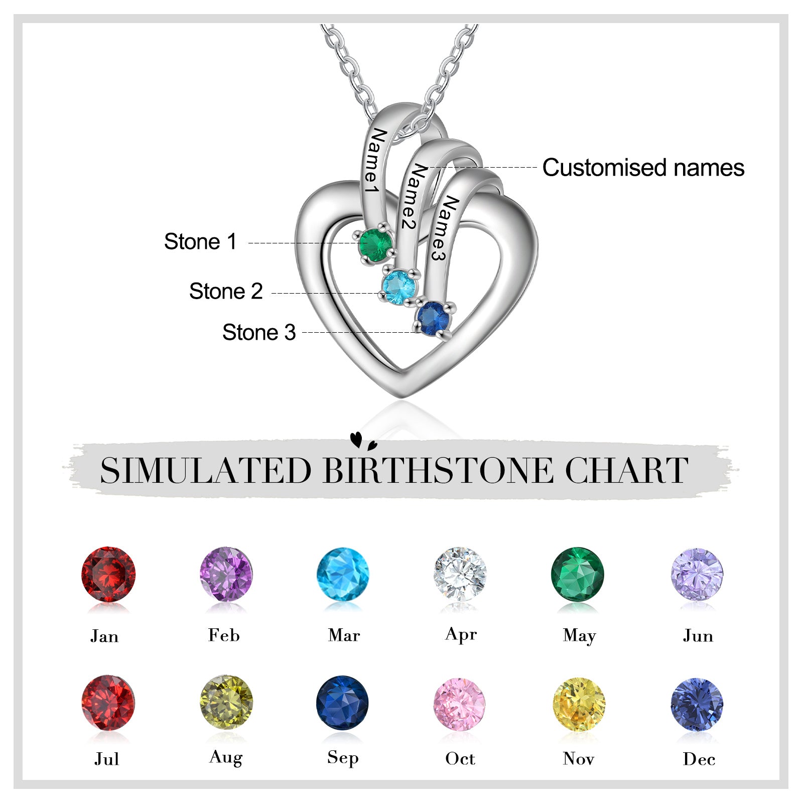 Custom Heart Necklace - Personalized Sterling Silver Birthstone Name Pendant