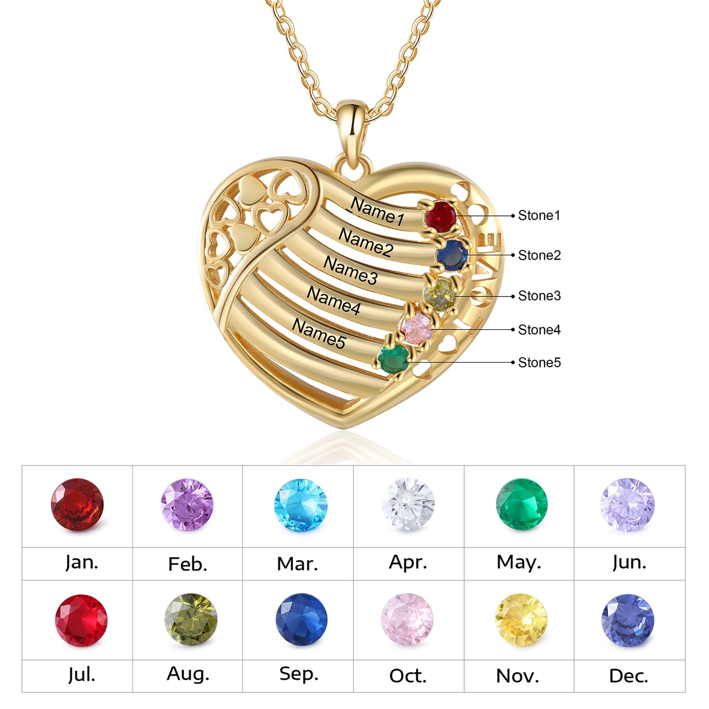 Customized Birthstone Heart Necklace - Personalized Family Jewelry
