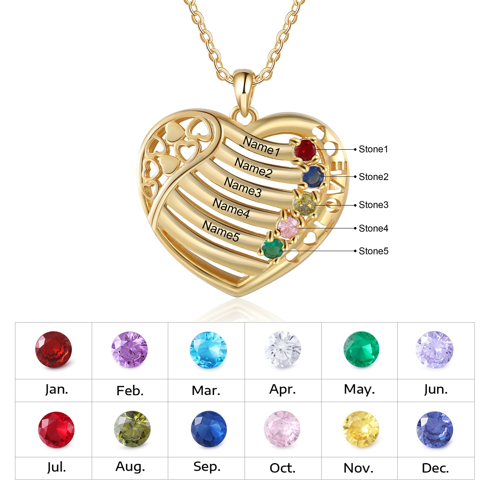 Customized Birthstone Heart Necklace - Personalized Family Jewelry